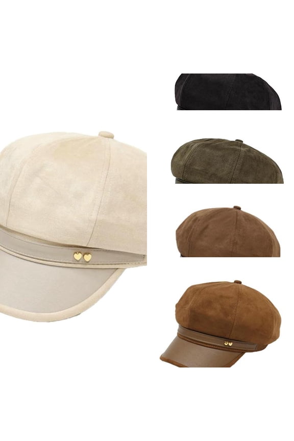 Womens Suede Newsboy Cap 8 Panel Paperboy Caps with Leather Brim Vintage Baseball Hat Baker Cabbie Beret Hats Beige One Size