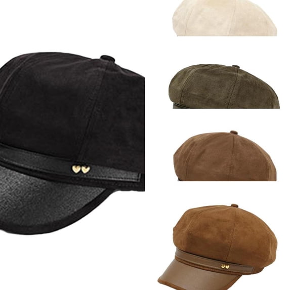 AJGRHE Womens Suede Newsboy Cap 8 Panel Paperboy Caps with Leather Brim Vintage Baseball Hat Baker Cabbie Beret Hats Black One Size
