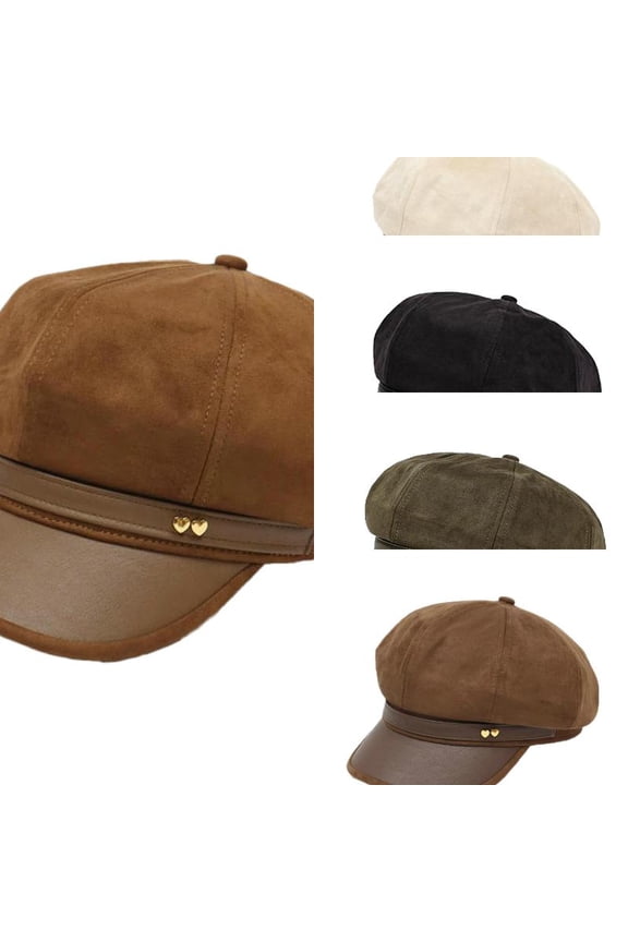 Womens Suede Newsboy Cap 8 Panel Paperboy Caps with Leather Brim Vintage Baseball Hat Baker Cabbie Beret Hats Khaki One Size
