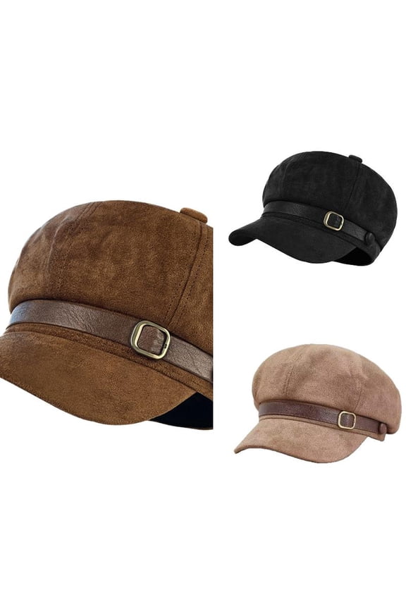 Womens Suede Newsboy Cap Wool Newsboy Hat Winter Baker Boy with Belt Buckle Vintage Outdoor Cap Fall Hats Classic Beret Hat Slouchy French Style Coffee One Size