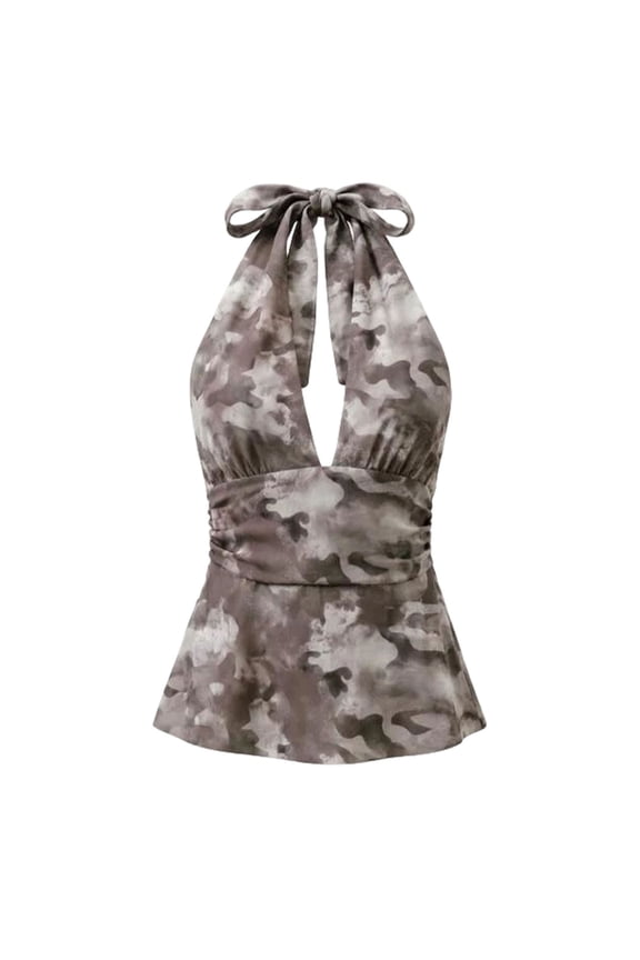 Womens Summer Deep V Neck Backless Tie Silk Satin Y2k Going Out Cropped Tank Tops Sleeveless Tie Neck Backless Top Ruffle Detail Slim Fit Cropped Summer Tank Grey M
