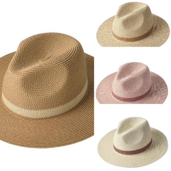 AJGRHE Womens Summer Straw Sun Hats Wide Brim Panama Fedora Beach Hat with Wind Lanyard UPF 80+ Khaki One Size