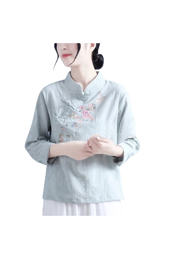 Blouses for Women Dressy Casual Large Size Cotton And Linen Stand Up Collar Embroidered Literary Vintage Blouse Long Sleeve Shirts for Women Green