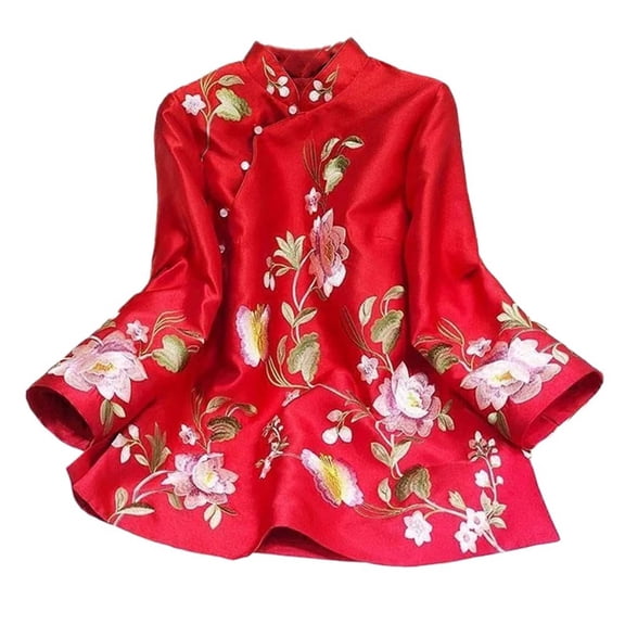 AJHSAKLt Blouses for Women Dressy Casual Suit Shirt National Style Traditional Elegant Chinese Blouse Plus Size Loose Female Tops Long Sleeve Shirts for Women Red