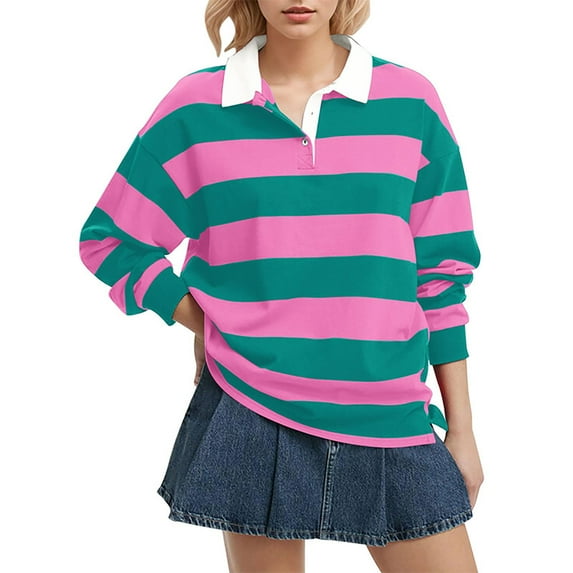 AJHSAKLt Blouses for Women Dressy Casual Oversized Striped Sweatshirt Rugby Collared Pullover Tops Loose Fit Shirt Long Sleeve Shirts for Women Pink