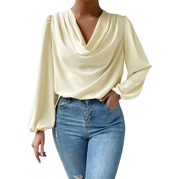 AJHSAKLt Blouses for Women Dressy Casual Women's Blouse Ruffle Folds V Neck Tops Chiffon Shirt Loose Long Sleeve Shirts for Women Milky White