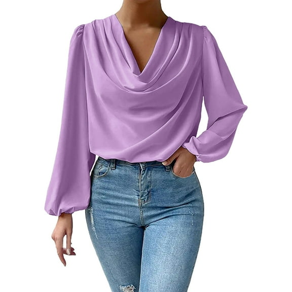 AJHSAKLt Blouses for Women Dressy Casual Women's Blouse Ruffle Folds V Neck Tops Chiffon Shirt Loose Long Sleeve Shirts for Women Purple