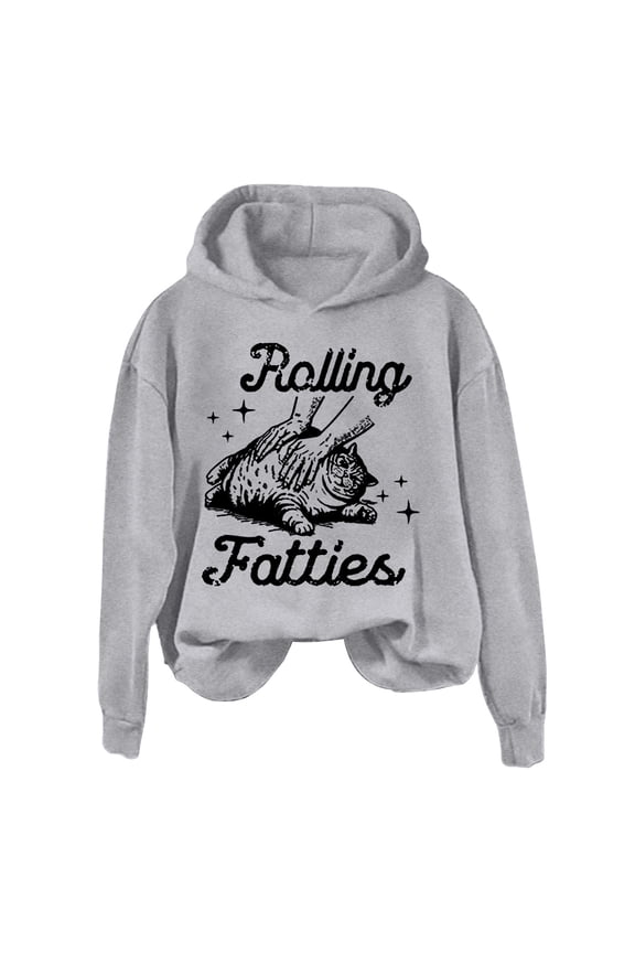 Graphic Hoodies Rolling Fatties Cat Hoodie Sweatshirt Pullover Hoodies For Women Grey