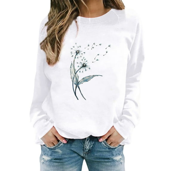 AJHSAKLt Lightweight Hoodies for Women's Dandelion Print Casual Fashion Sweatshirt Top Crewneck Sweatshirts Women White