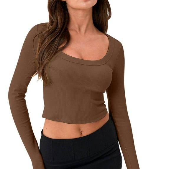 AJHSAKLt Long Sleeve Shirts For Women Backless Crop Tops Square Neck Bodycon Cut Out Pullover Cami Streetwear Women's Clothing Brown
