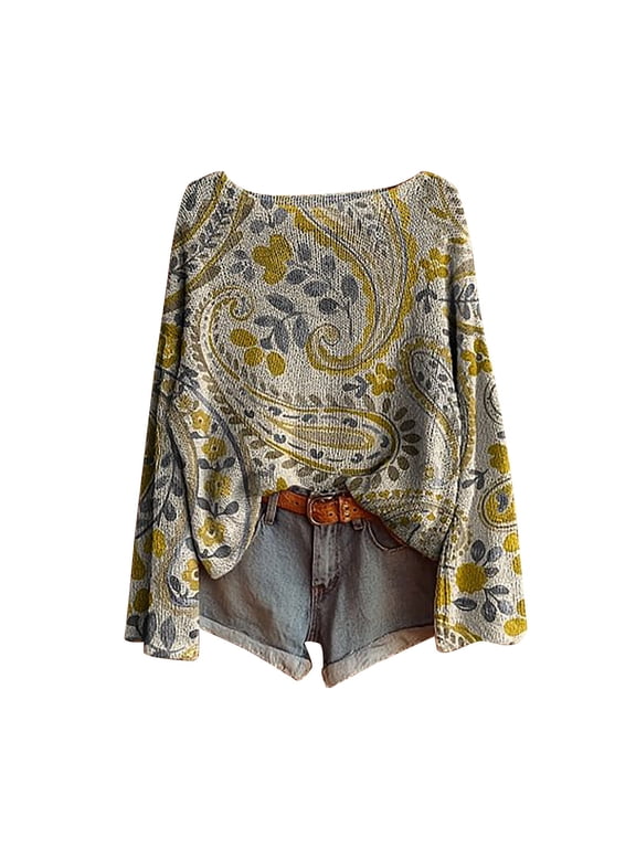 Pullover Sweaters for Women Art Print Casual Sweater Knitted Fashion Long Sleeve Crewneck Blouse Winter Warm Layer Top Lightweight Sweaters for Women Light Yellow
