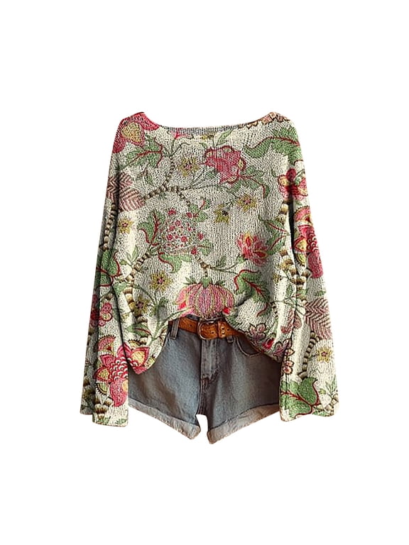 Pullover Sweaters for Women Art Print Casual Sweater Knitted Fashion Long Sleeve Crewneck Blouse Winter Warm Layer Top Lightweight Sweaters for Women Pink