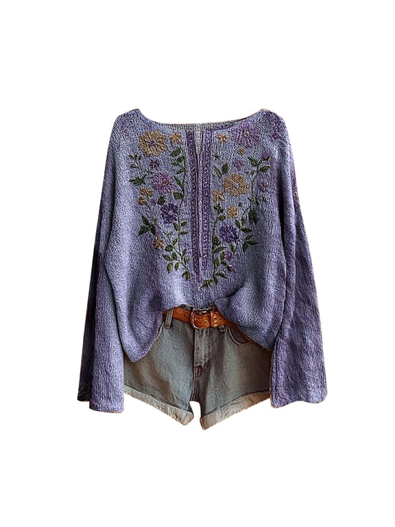 Pullover Sweaters for Women Art Print Casual Sweater Knitted Fashion Long Sleeve Crewneck Blouse Winter Warm Layer Top Lightweight Sweaters for Women Purple