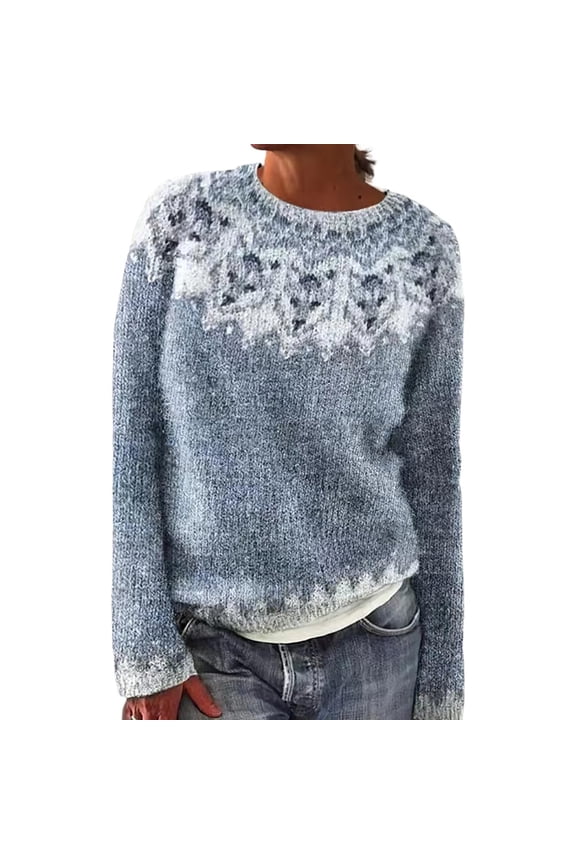 Pullover Sweaters for Women Knitted Isle Print Retro Sweater Casual Loose Crewneck Long Sleeve Lightweight Cropped Tops Lightweight Sweaters for Women Silver