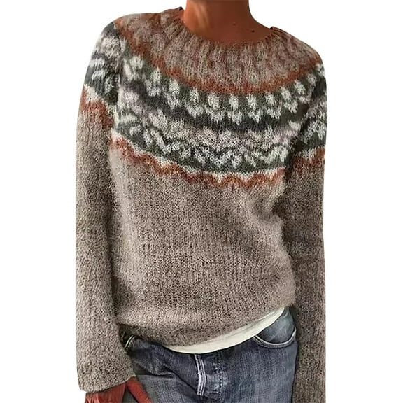 AJHSAKLt Pullover Sweaters for Women Knitted Isle Print Retro Sweater Casual Loose Crewneck Long Sleeve Lightweight Cropped Tops Lightweight Sweaters for Women Khaki