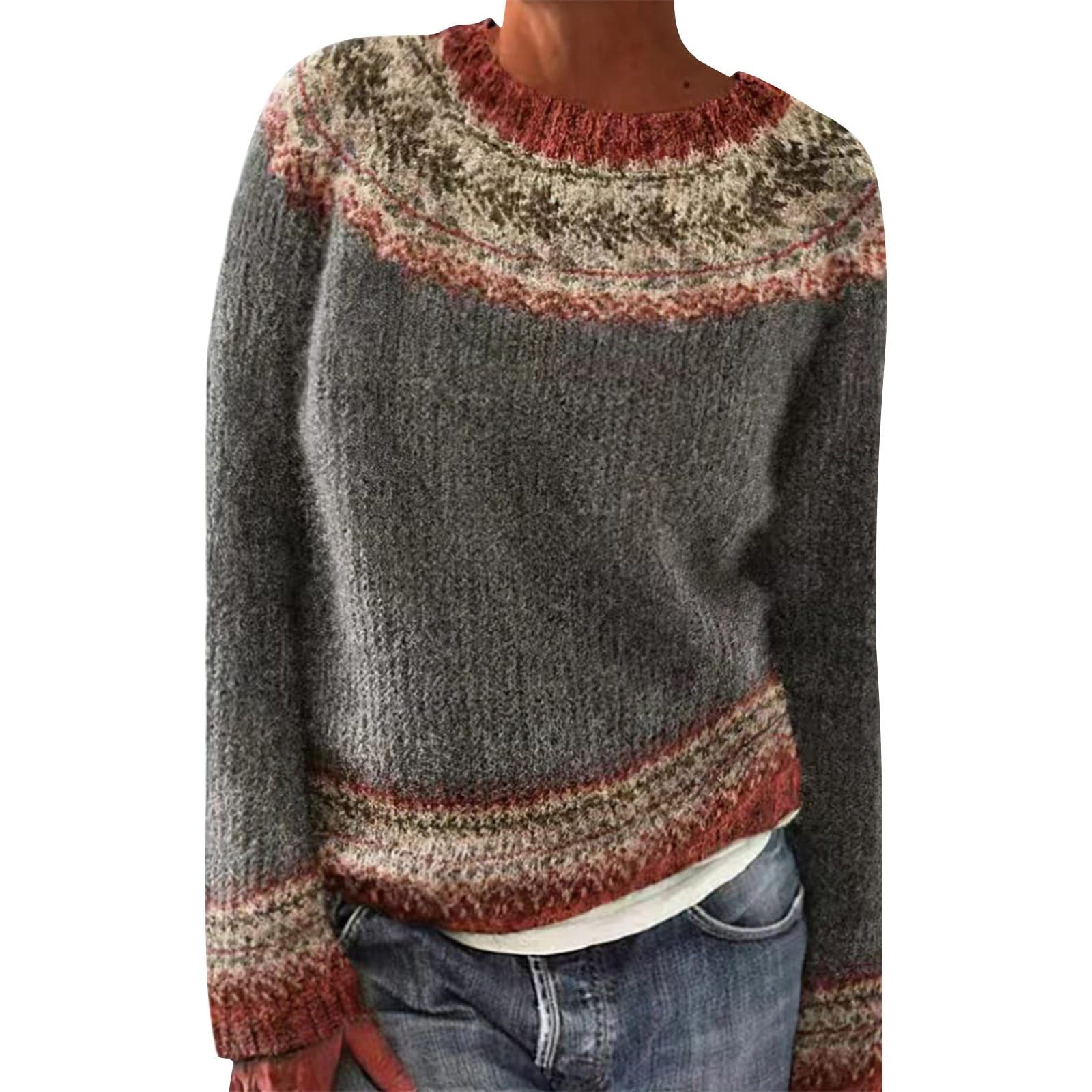 Women's Fair Isle Knitted Sweater - Retro Loose Fit Cropped Pullover With Rainbow Stripes