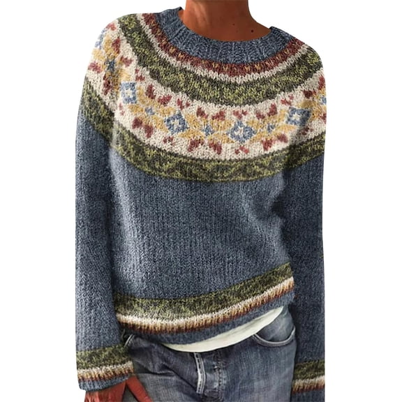 AJHSAKLt Pullover Sweaters for Women Knitted Isle Print Retro Sweater Casual Loose Crewneck Long Sleeve Lightweight Cropped Tops Lightweight Sweaters for Women Blue