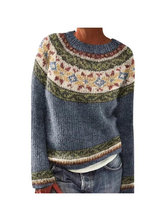 Pullover Sweaters for Women Knitted Isle Print Retro Sweater Casual Loose Crewneck Long Sleeve Lightweight Cropped Tops Lightweight Sweaters for Women Blue