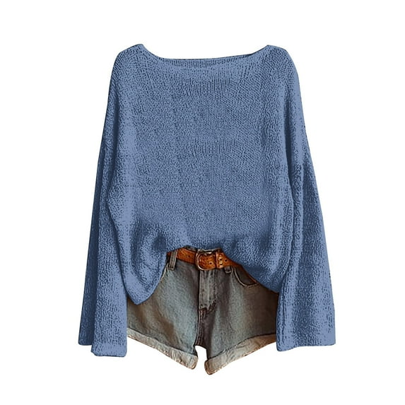 AJHSAKLt Pullover Sweaters for Women Knitted Sweater Fashion Long Sleeve Crewneck Blouse Winter Warm Layer Top Lightweight Sweaters for Women Blue