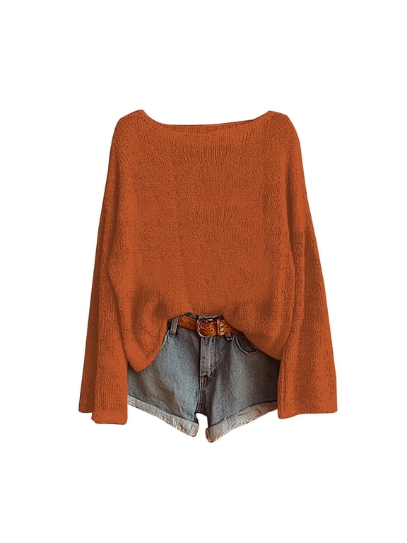 Pullover Sweaters for Women Knitted Sweater Fashion Long Sleeve Crewneck Blouse Winter Warm Layer Top Lightweight Sweaters for Women Orange