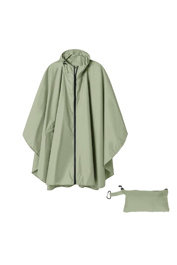 Rain Poncho Unisex Solid Color Hooded Zippered Shawl Cape With Hood Green