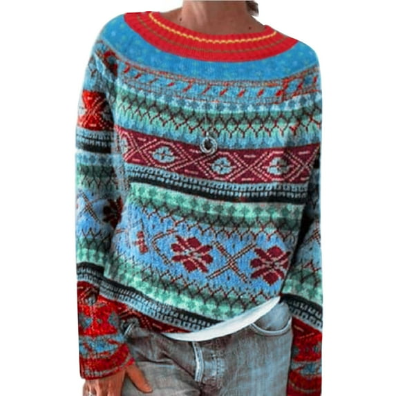 AJHSAKLt Sweaters for Women Knitted Isle Print Retro Sweater Casual Loose Crewneck Long Sleeve Lightweight Cropped Pullover Tops Winter Clothing for Women Dark Blue