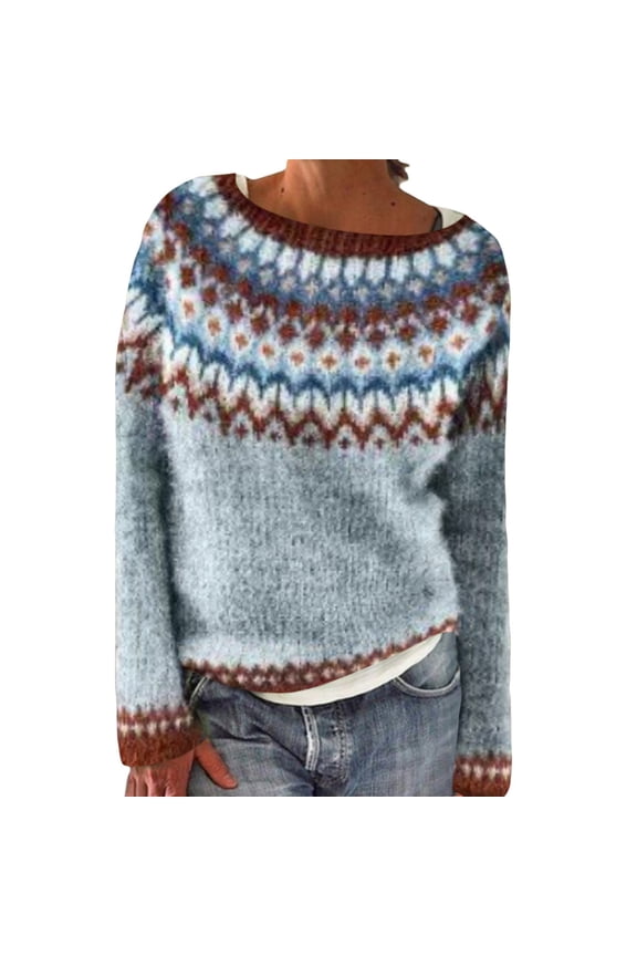 Sweaters for Women Knitted Isle Print Retro Sweater Casual Loose Crewneck Long Sleeve Lightweight Cropped Pullover Tops Winter Clothing for Women Light Blue