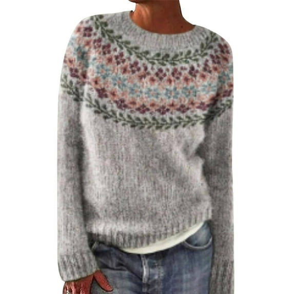 AJHSAKLt Sweaters for Women Vintage Art Print Knit Crew Neck Pullover Sweater Winter Clothing for Women Grey