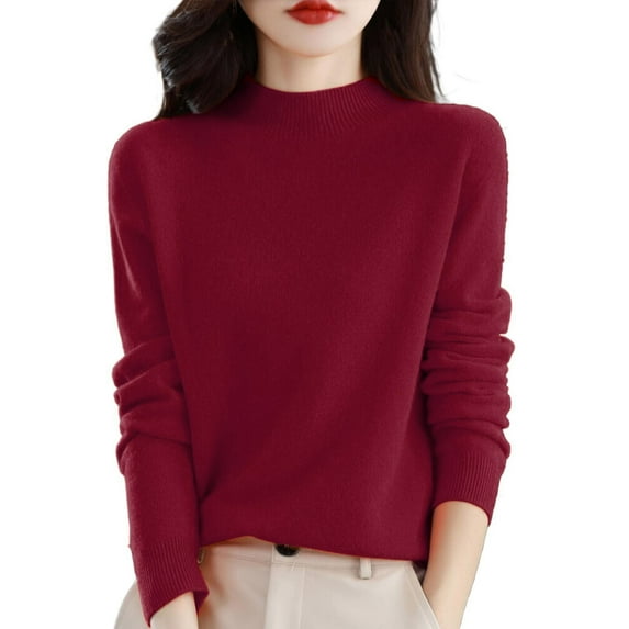 AJHSAKLt Turtleneck Tops for Women Semi Sweater Long Sleeve Solid Color Pullover With A Base Shirt Autumn And Winter Warm Loose Sweaters for Women Wine