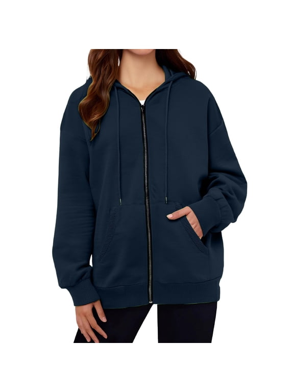 Zip Up Hoodie Pocket Long Sleeve Hooded Threaded Sweater Ladies Zipper Top Hoodies For Women Navy