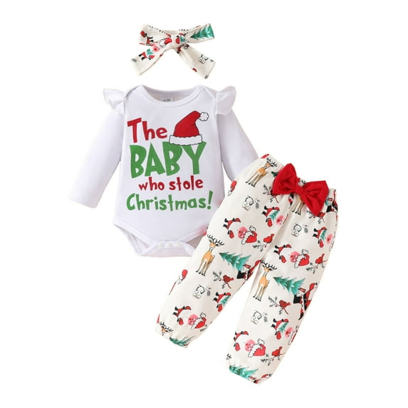 AJIWYH Baby Christmas Outfit Girl,Boys Girls Long Sleeve Christmas Letter Romper Bodysuit Cartoon Prints Pants Outfits Christmas Pajamas for Kids White,12-18 Months