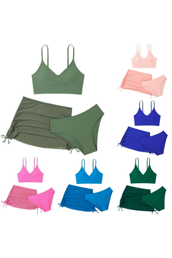 Bikini Sets for Teen Girls Bathing Suit with Beach Skirt Childrens Quick-Dry Swimwear (Pink,11-12 Years)