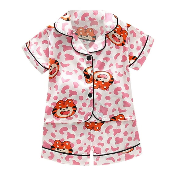 AJIWYH Boys Pajamas Size 6:Toddler Kids Baby Boys Girls Satin Button Down Short Sleeve Animals Shirt Tops Shorts Pants Silk Pajamas Sleepwear Outfits Loungewear Set Pink for 6-12 Months