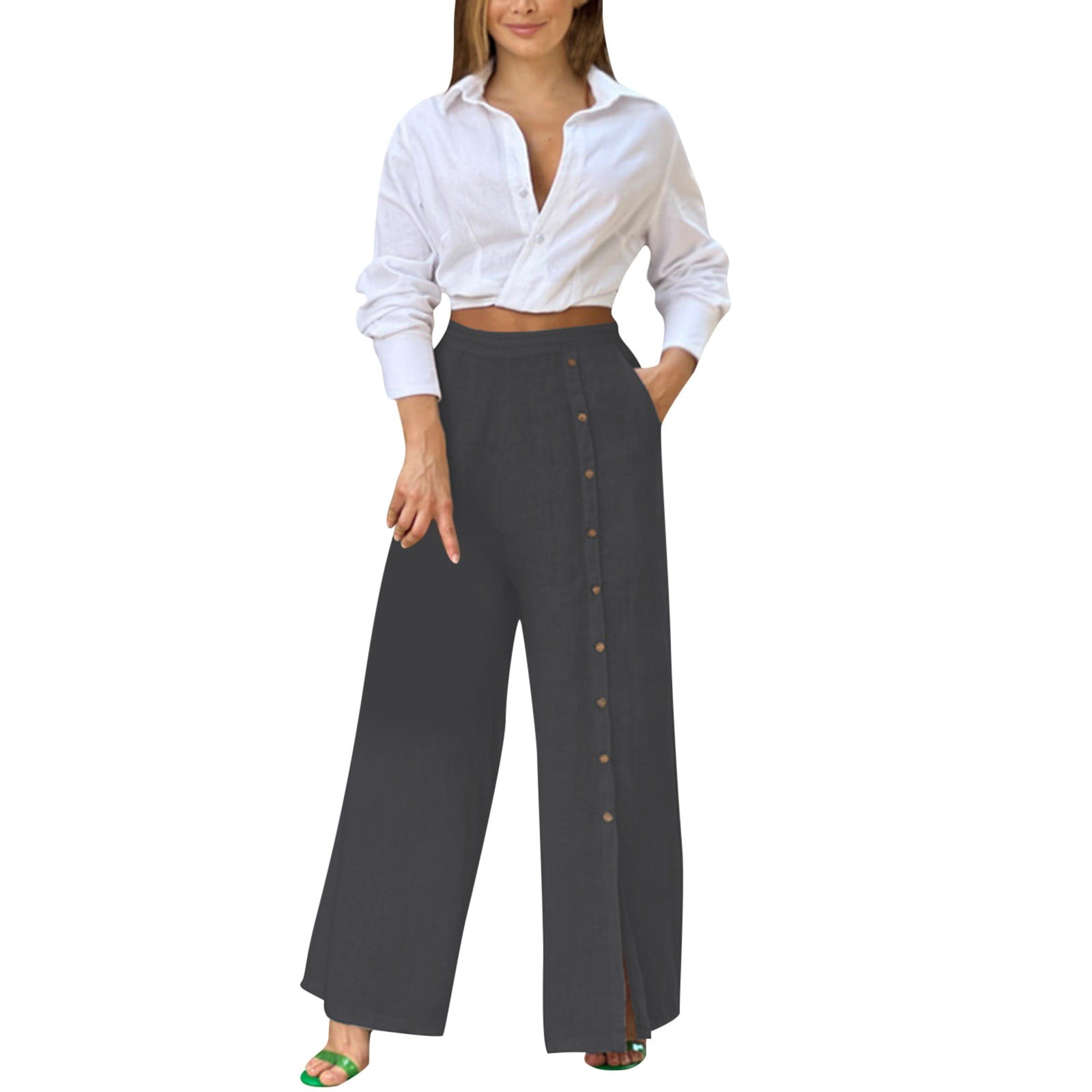 AJIWYH Casual Pants for Women Solid Color Pocket Straight Tube Loose