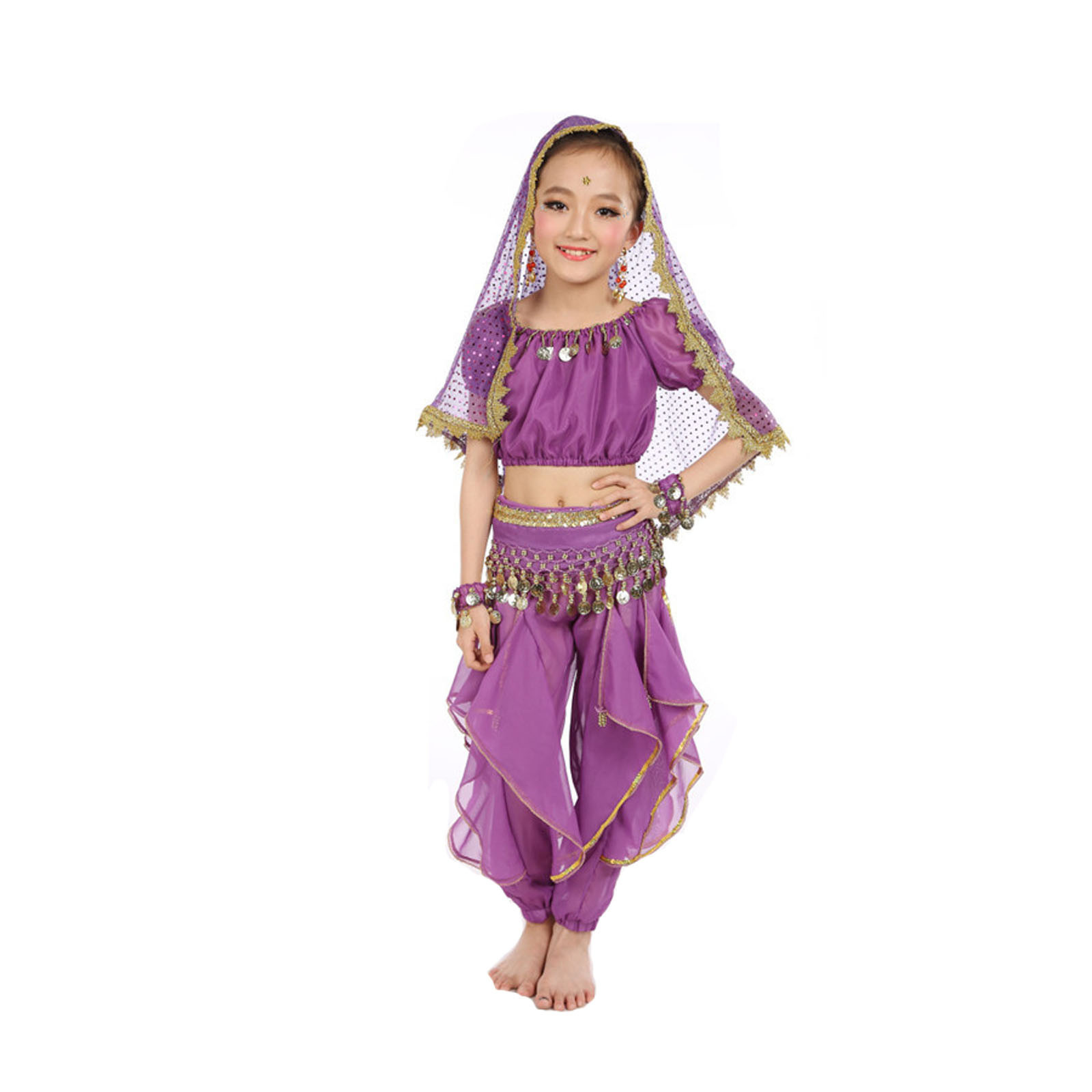 AJIWYH Girls Belly Dance 5 Piece Set with Top Pants Waist Chain Veil Bracelet for Party Performance (Dark Purple,8-9 Years)