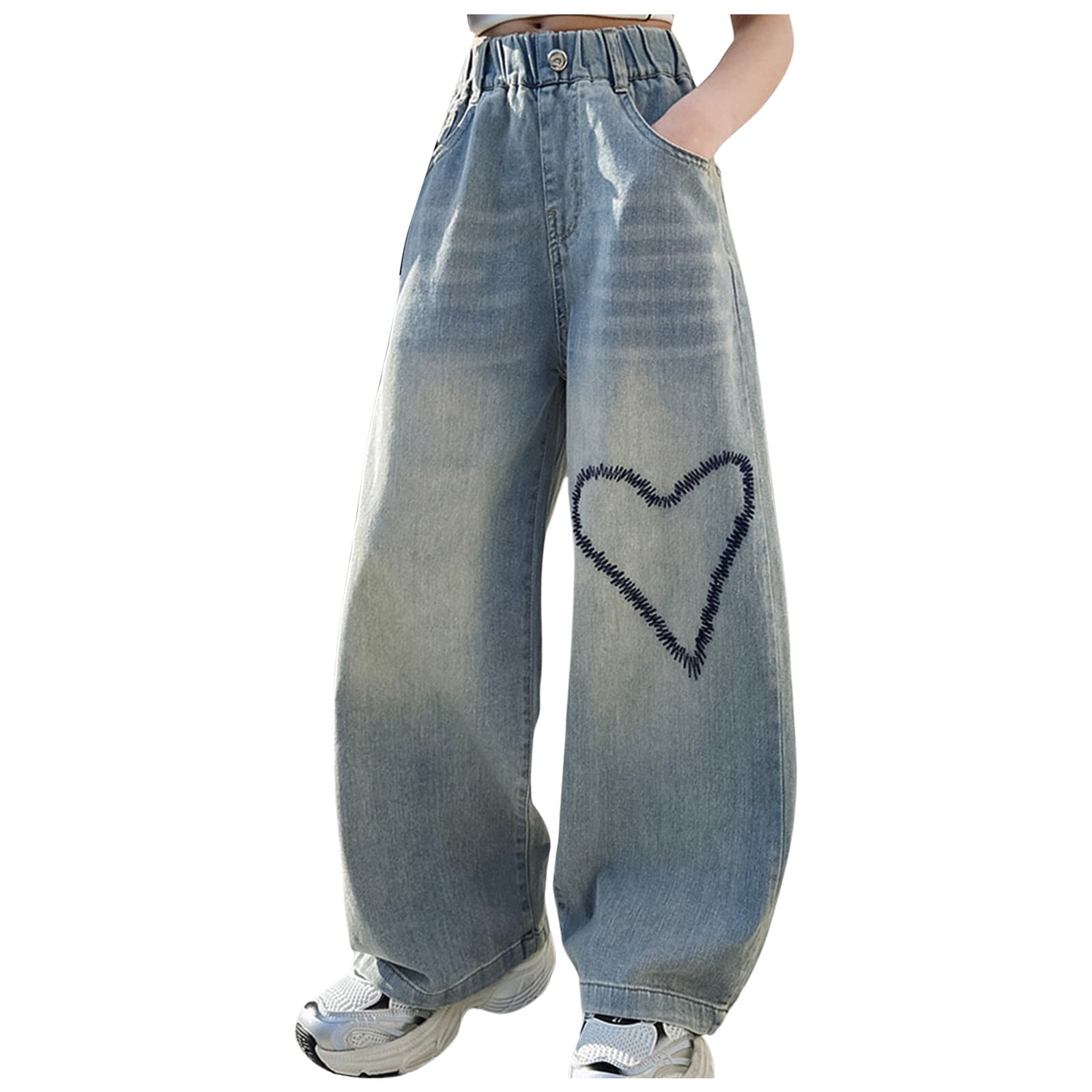 Jeans Cargo Rétro Pour Fille Happy Cherry - Jambe Large, Taille Élastique - Style Y2K - Taille 5 à 15 Ans