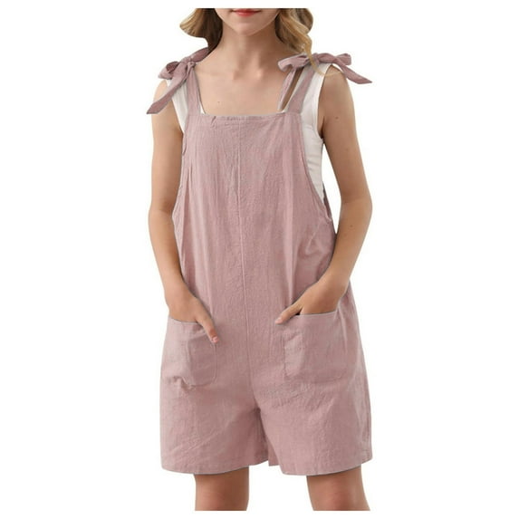 AJIWYH Girls Romper Sleeveless Adjustable Tie-Up Strap Short Jumpsuits Summer Clothes with Pocket Brick Red,9-10 Years