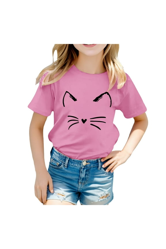 AJIWYH Girls Summer Loose Casual Trendy Cute Cat Printed Short Sleeve T Shirt Top Kids Graphic Tees Pink 6-7 Years