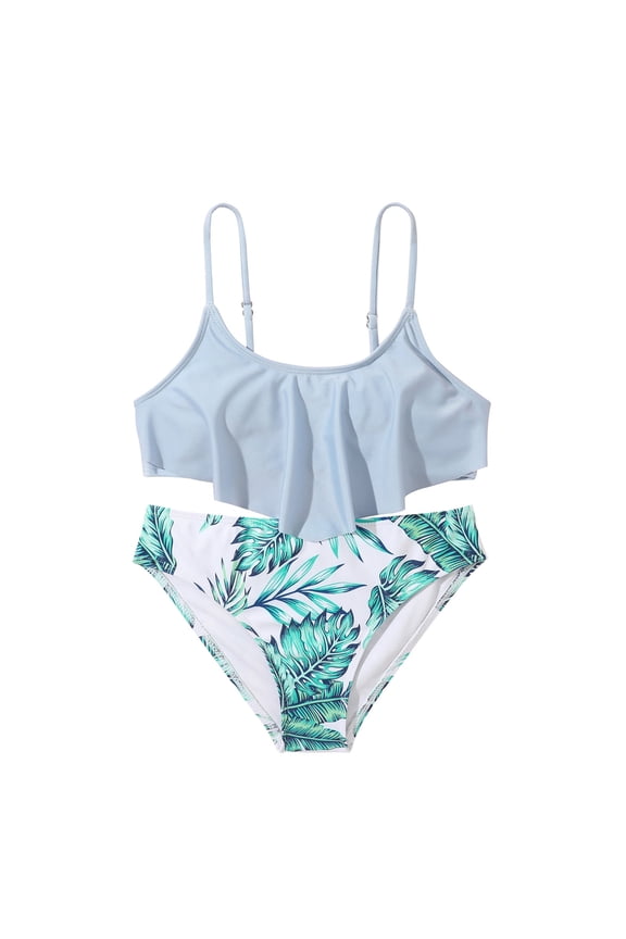 Girls Swimsuits 2 Piece Ruffles Bathing Suits Summer Floral Printing Beach Surf Tankini Swimwear Set Light Blue 6-7 Years