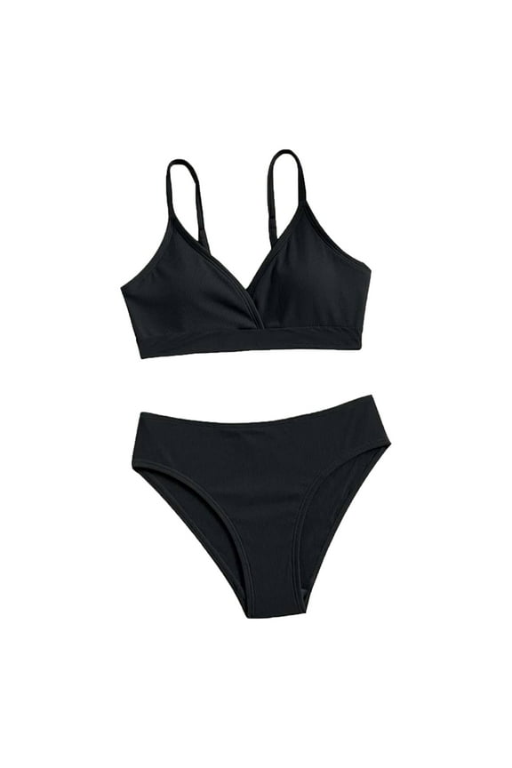 AJIWYH Girls' Two Piece Swimsuit High Waist Bikini Set Solid Swimwear Bathing Suit Black 10-12 Years