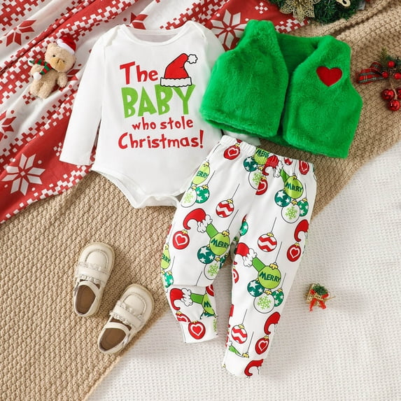 AJIWYH Boys Girls Long Sleeve Christmas Letter Romper Bodysuit Cartoon Prints Pants Vest Coat Outfits Girls Christmas Outfit (Green,6-12 Months)