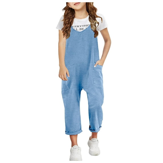 AJIWYH Jumpsuits for Girls Kids Casual Sleeveless Jumpsuits Spaghetti Strap Romper Long Pants with Pockets Blue,12-13 Years