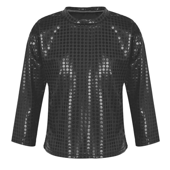 AJIWYH Kids Girls Boys Shiny T-Shirt Long Sleeve Sequins Jazz Hop Stage Performance Festival Party Wear (Black,7-8 Years)