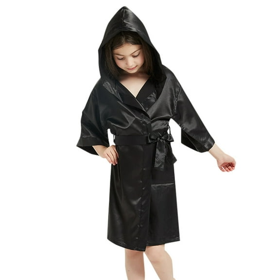 AJIWYH Kids Spa Robe – Unisex Silk-Like Robe for Girls and Boys, Great for Pajama Parties and Relaxation (Black,10-12 Years)