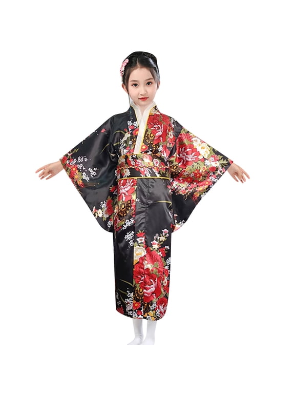 Kimono Satin Printed Lightweight Cardigan Bathrobe Set (Black,6-7 Years)