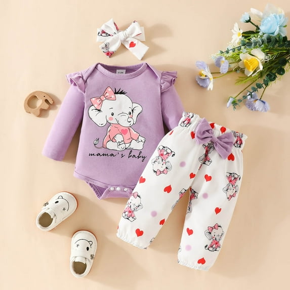 AJIWYH Girl Clothes Girls Long Sleeve Cartoon Prints Romper Bodysuit Pants Headbands Outfits (Purple,3-6 Months)