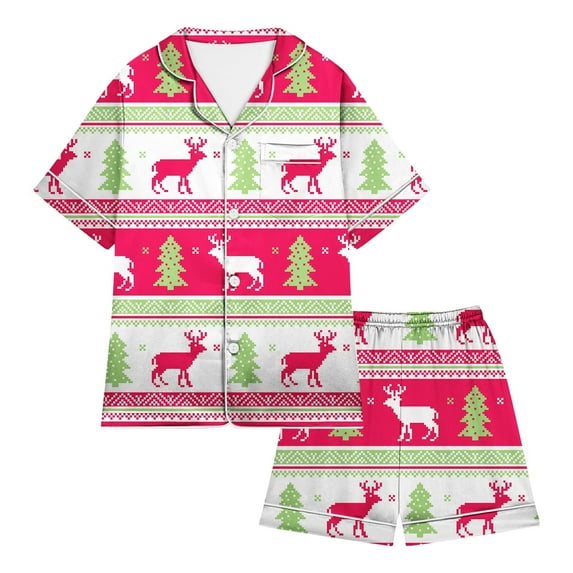 AJIWYH Pajamas for Girls,Little Baby Girls Boys Pajamas Set Christmas Satin Silk Kids Short Sleeves Sleepwear 2 Piece Button Down Classic Loungewear Shorts Features: 3t Pajamas Girls D,6-7 Years