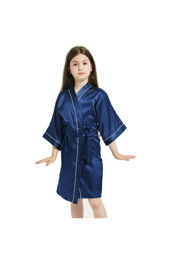 AJIWYH Personalized Solid Tone Silk Robe and Solid Color Silk Pajama Party Outfits (Navy,9-10 Years)