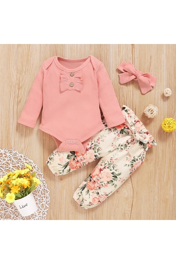 Preemie Baby Girls Clothes Ribbed Romper Bodysuit Pants Set Fall Winter Outfits (Pink,3-6 Months)