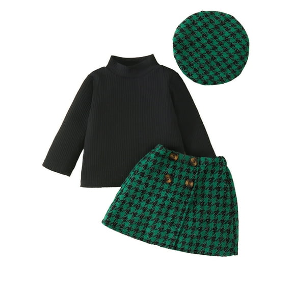 AJIWYH Toddler Baby Girl Outfits Fall Winter Clothes Ribbed Long Sleeve Tops Houndstooth Print Skirts Beret Set(Green,18-24 Months)